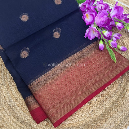 Bamboo Silk Saree  - Navy Blue with Red Shade - VVBSS001
