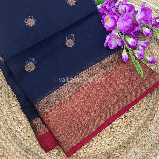Bamboo Silk Saree  - Navy Blue with Red Shade - VVBSS001