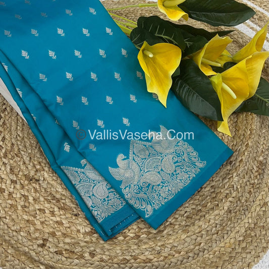 Semi Soft Silk - Peacock & Mango Butta Border - Turquoise blue Shade -VVSSS015