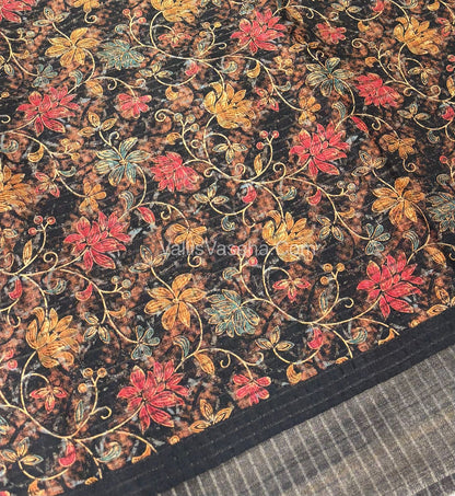 Light Weight Fancy Mixed Kota Cotton - Floral Design Printed Saree - Black Shade - VVKPC002