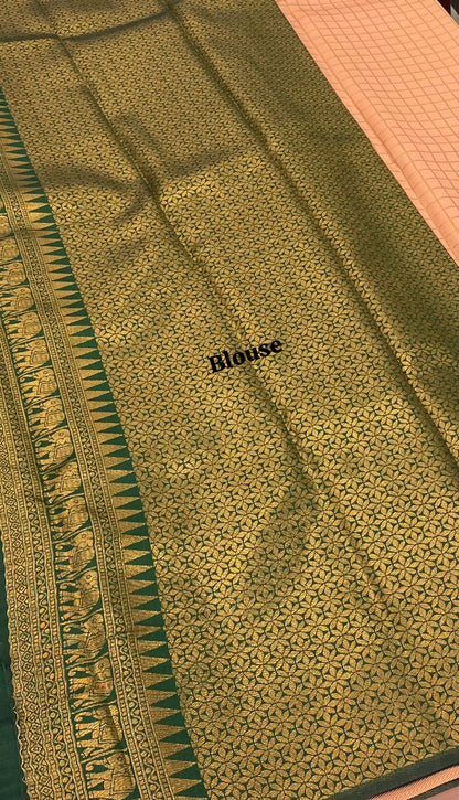 Semi Silk Saree - Kanchi Silk Style - Elephant Border - Peach with Green - VVSSS005