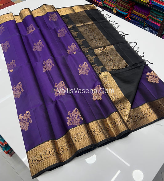 Pure Soft Silk Saree - Kanchi Border - Violetish Purple & Black Combo - VVPSS046