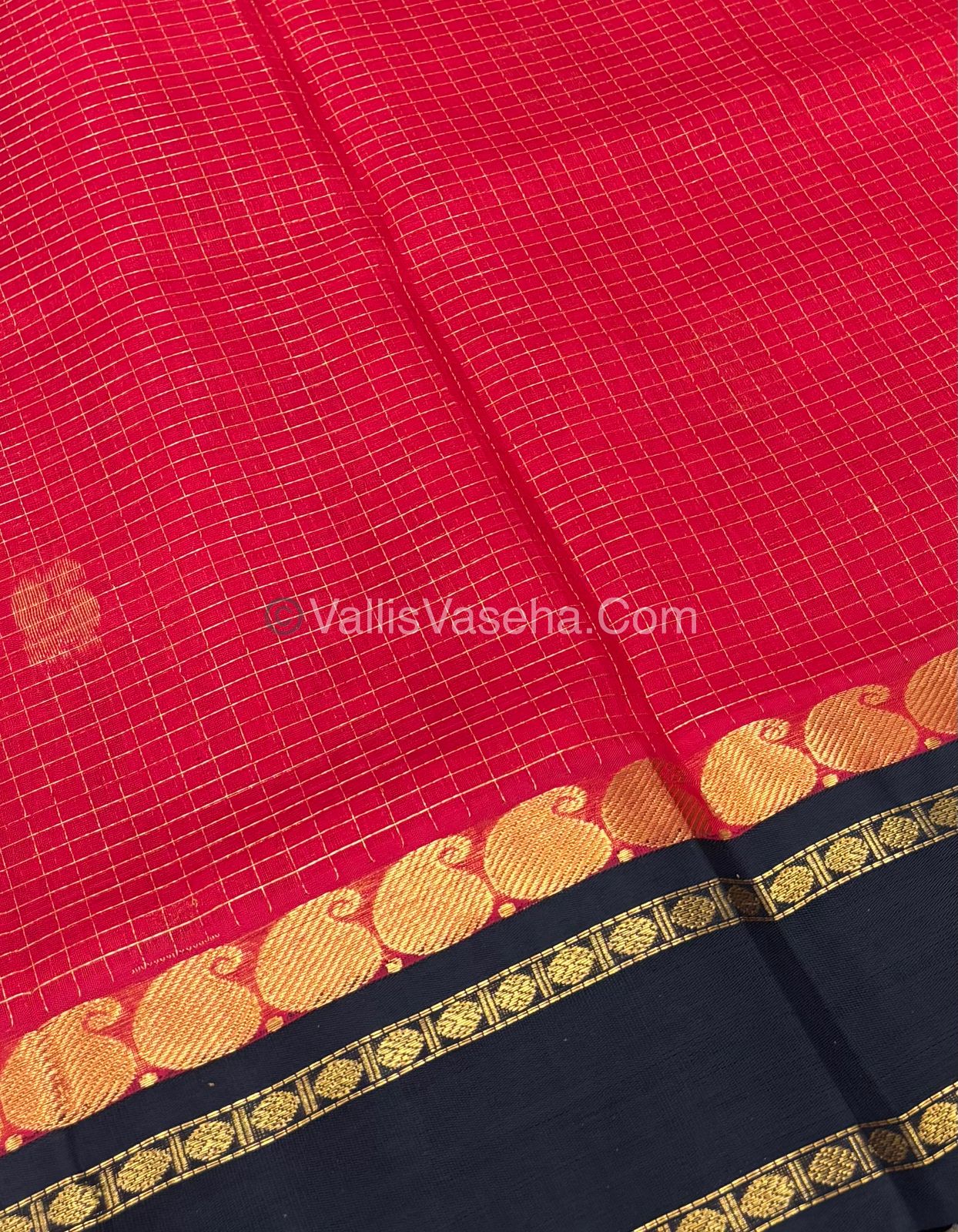 Pure Korvai Silk Cotton - Red  with Black - Checks Pattern - VVKSC008