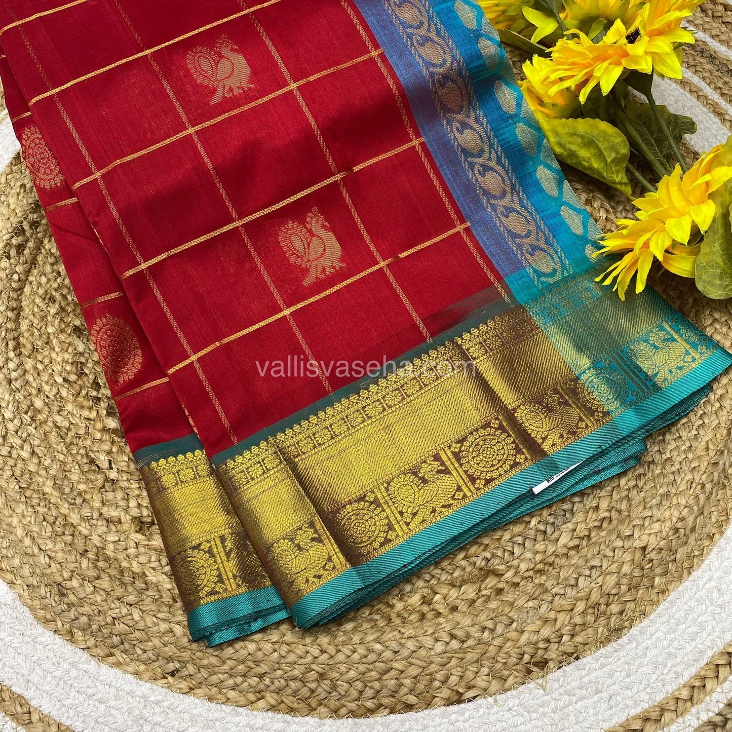 Pure Silk Cotton Saree - Mayil & Chakkaram Design - Red with Turquoise Blue - VVMC001