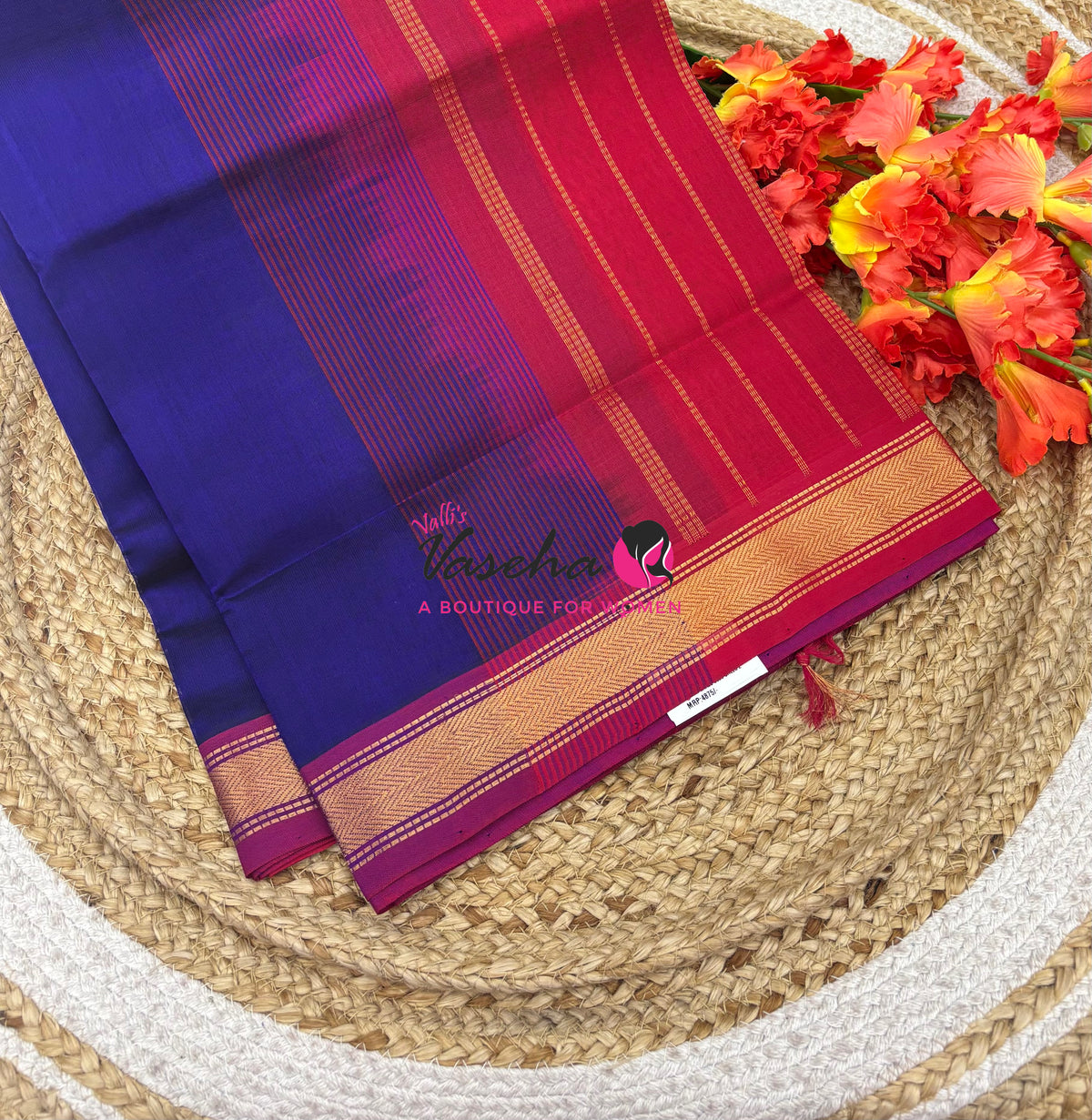 Pure Silk Cotton Sarees - Blue With Red - VVPSC003