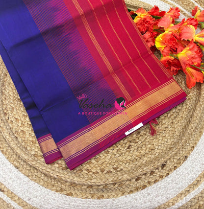 Pure Silk Cotton Sarees - Blue With Red - VVPSC003