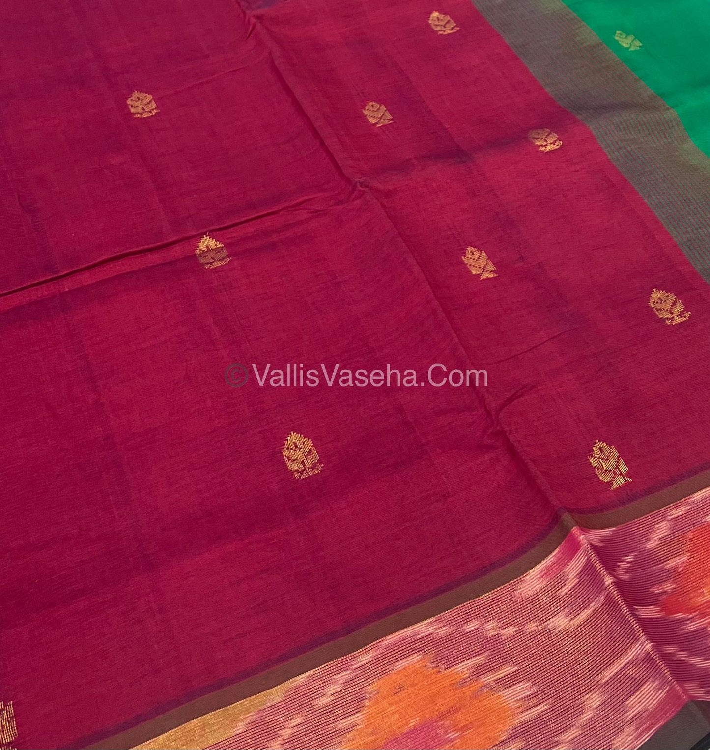 Semi Silk Cotton Saree - Red & Green - VVSSC001