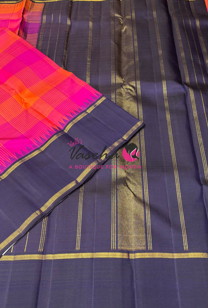 Pure Vintage Korvai Kanchipuram Silk Saree - Pink/Orange & Navy Blue Combo - VVPS069
