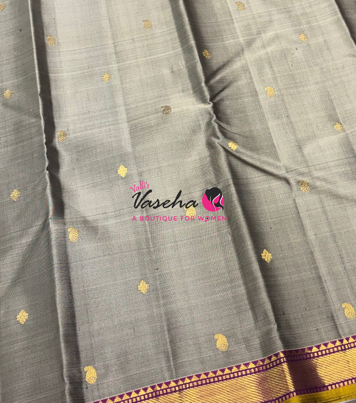 Pure Kanchipuram Silk Saree - Grey with Purple - VVPS031