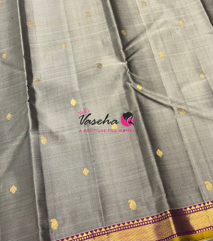 Pure Kanchipuram Silk Saree - Grey with Purple - VVPS031