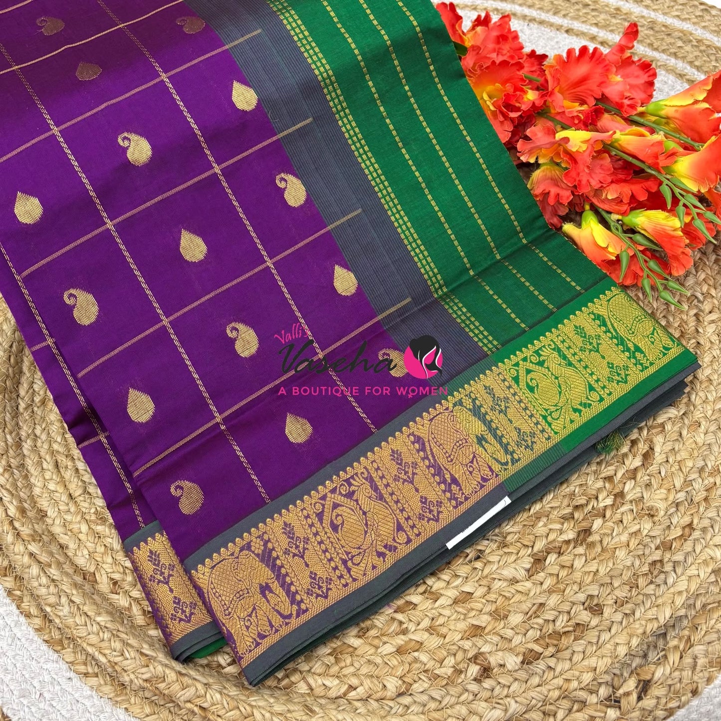 Semi Silk Cotton Saree - Checked Pattern with Butta  - VVSSC013