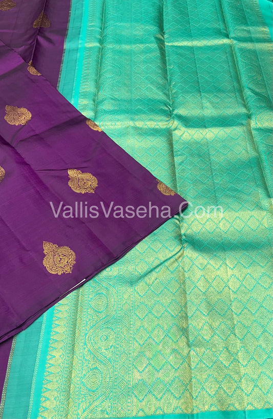 Pure Kanchipuram Silk Saree - Purple with Turquoise Blue - VVPS014