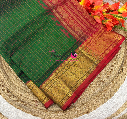 Pure Silk Cotton Saree -  Green With Red - Lakshadeepam Design - VVPLD001