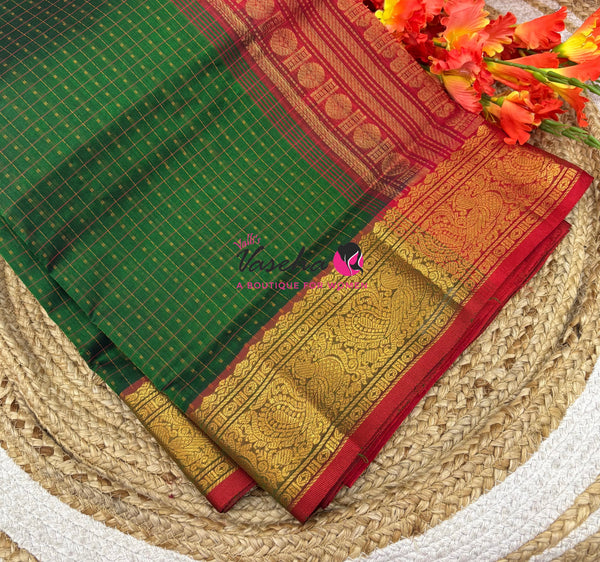 Pure Silk Cotton Saree -  Green With Red - Lakshadeepam Design - VVPLD001
