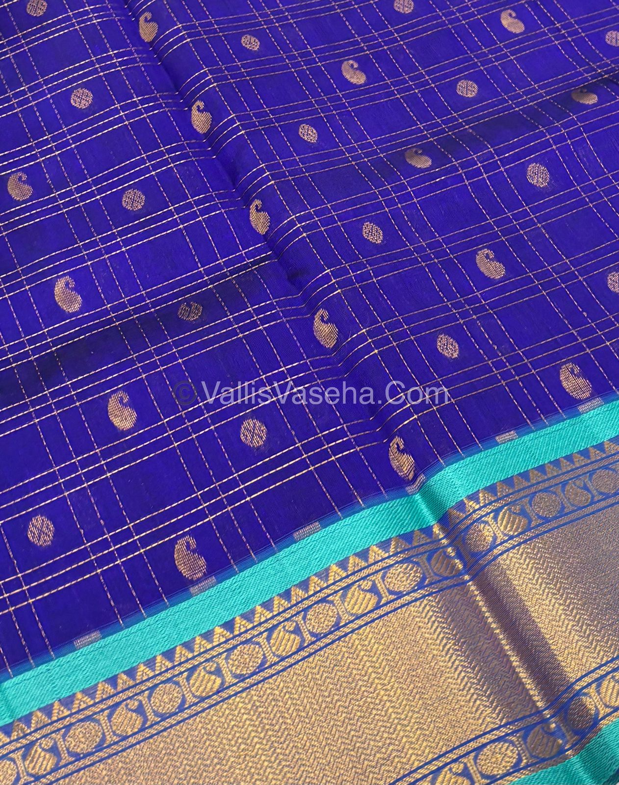 Pure Korvai Silk Cotton - Checks Pattern - Blue with Blue Shade  - VVKSC035