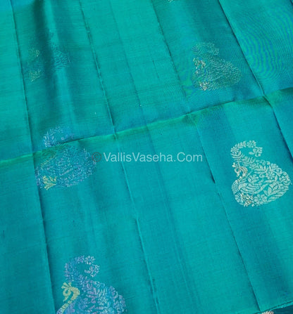 Pure Soft Silk Saree - Border Less  - Peacock Blue & Light Peach Combo - VVPSS055