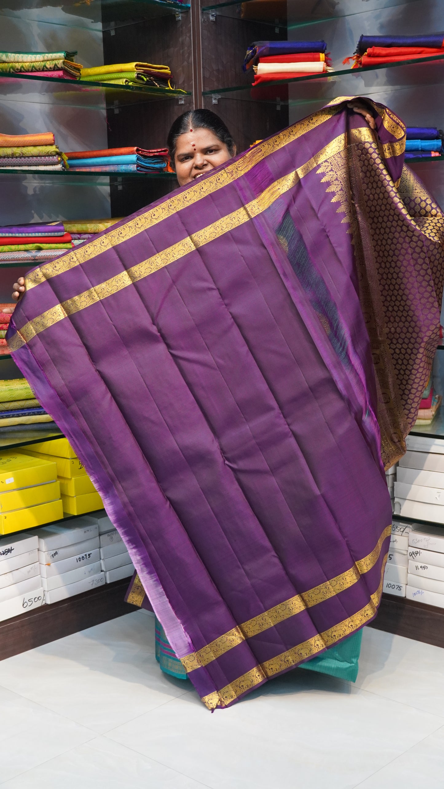 Pure Kanchipuram Silk Saree - Double tone Green with Wine Color mixed Purple Shade - Retta Petta Border - VVPS008