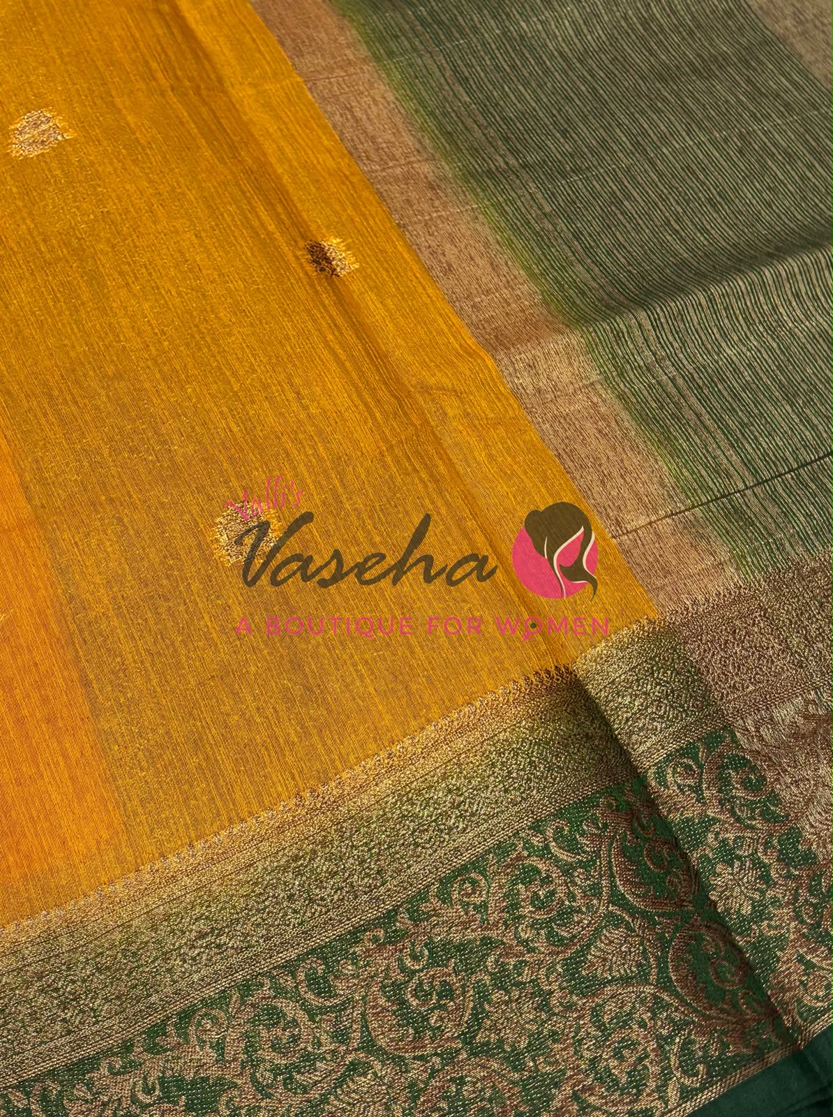Bamboo Silk Saree- Yellow with Green Shade - VVBSS015