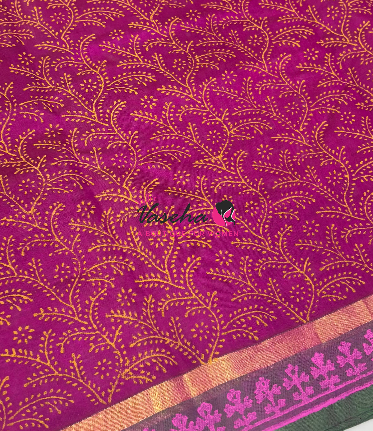 Pure Printed Silk Cotton Sarees - Pink With Green - VVPSC004