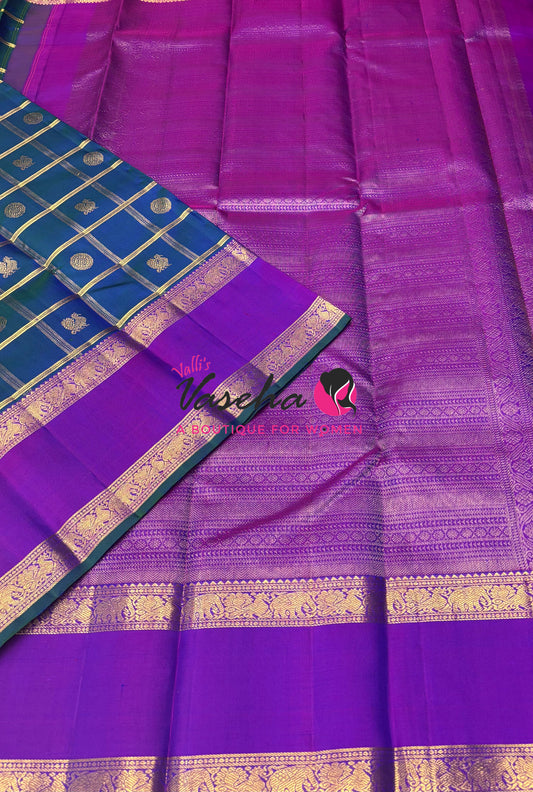Pure Bridal Kanchipuram Silk Saree -  Peacock Blue & Purple Combo - VVPS076