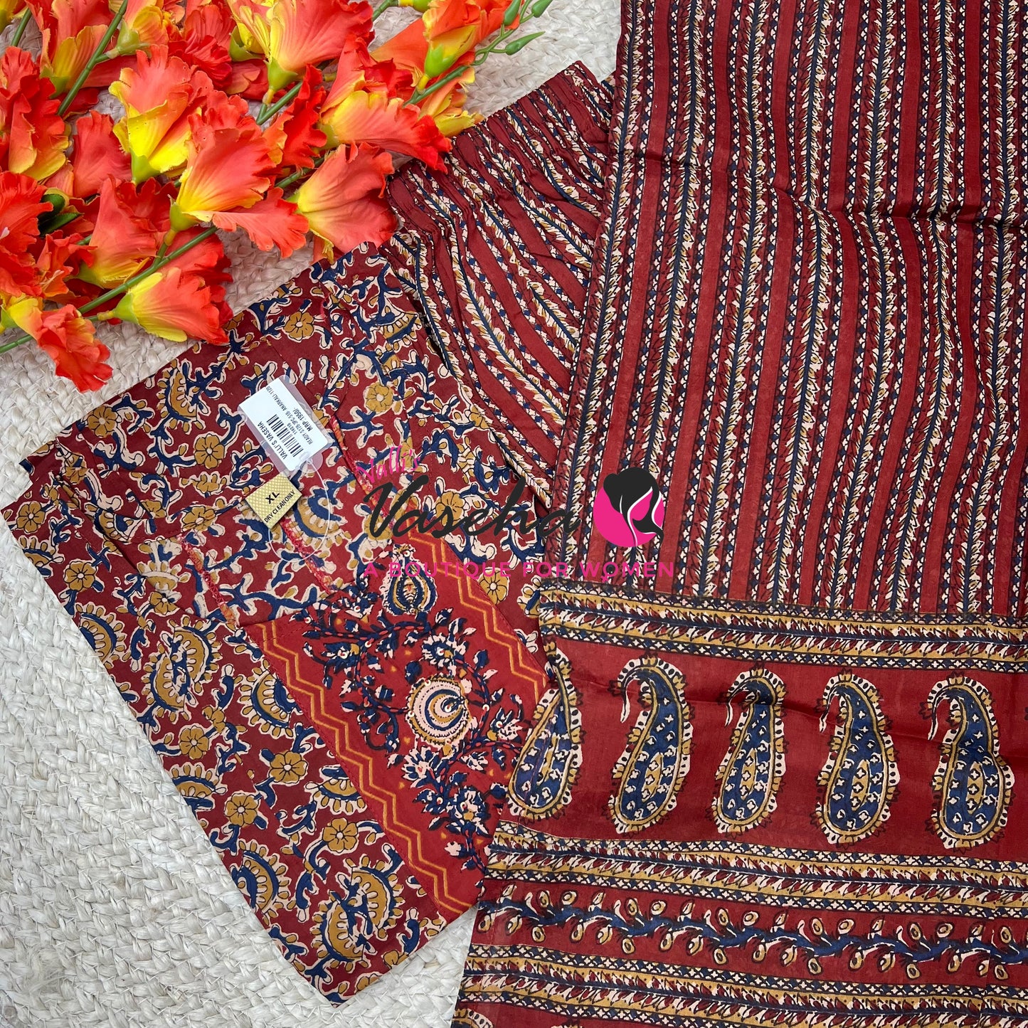 Ready Made | Anarkali - Kalamkari Print |Salwar, Kameez & Duppatta(3pc)|Cotton |Merun- VVAS008