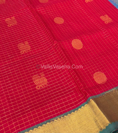 Pure Silk Cotton Saree - Mayil & Chakkaram Design - Red  With Blue Shade - VVMC002