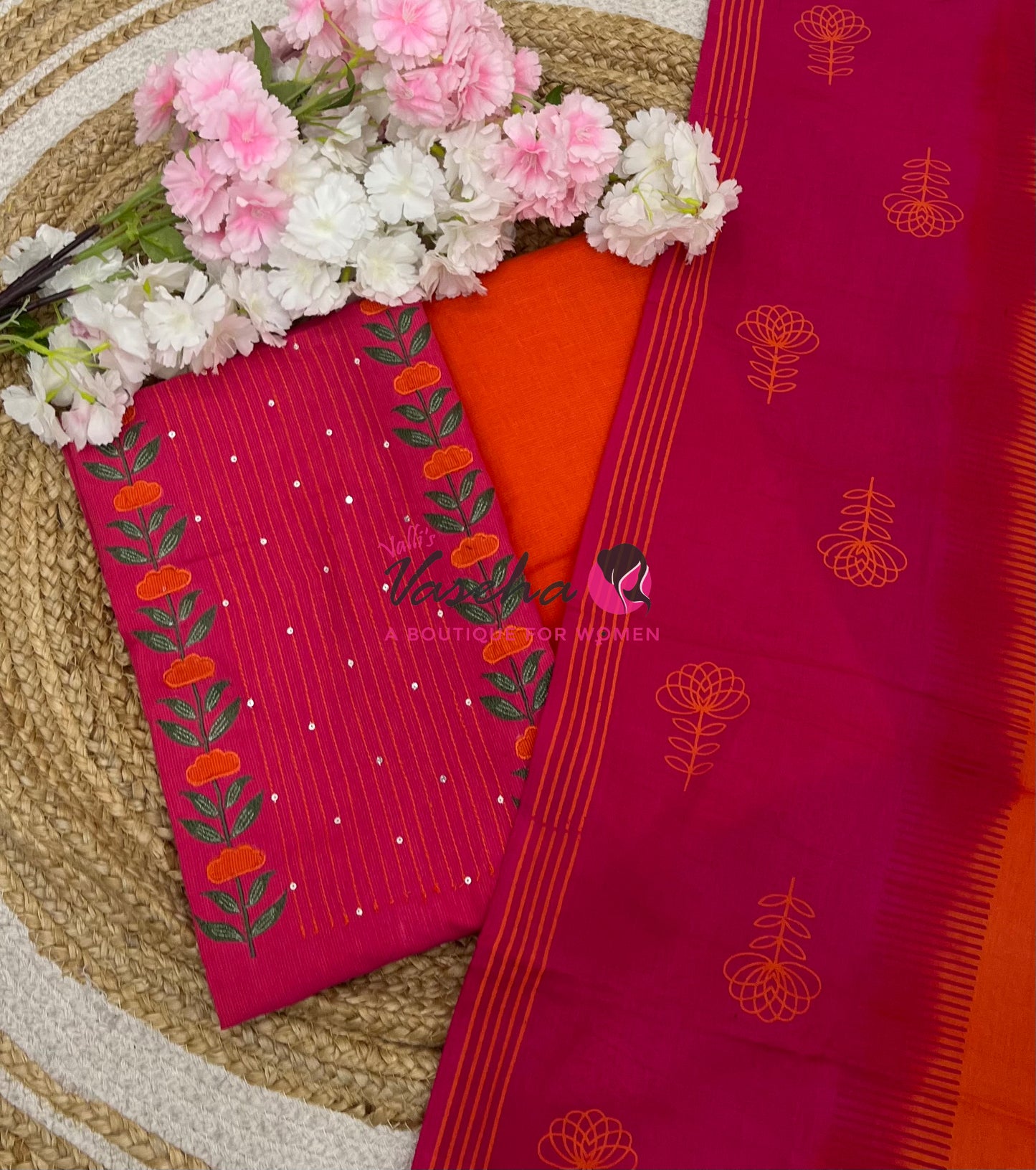 Unstitched Cotton Salwar Material  | Pink & Orange | VVUSM037