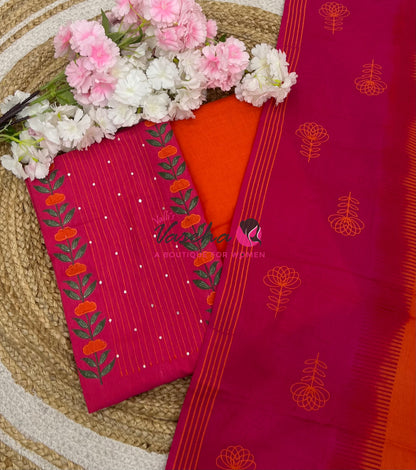 Unstitched Cotton Salwar Material  | Pink & Orange | VVUSM037