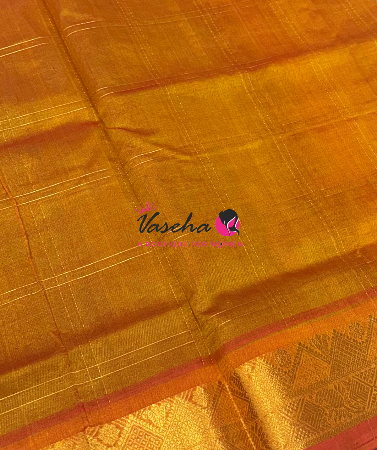 Pure Korvai Silk Cotton - Checks Pattern - Dual Tone Green with Orange Shade  - VVKSC035