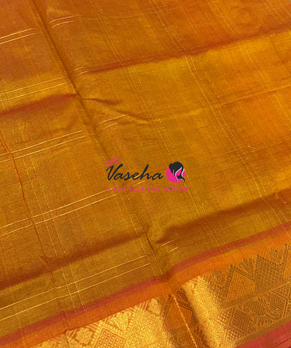 Pure Korvai Silk Cotton - Checks Pattern - Dual Tone Green with Orange Shade  - VVKSC035