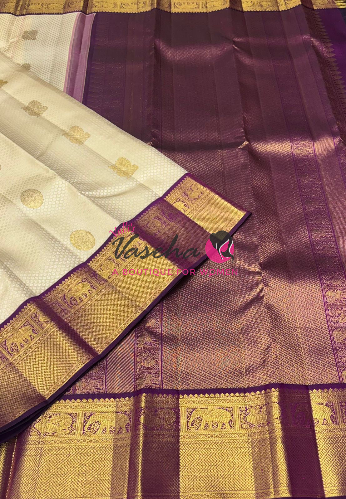 Pure Vintage Korvai Kanchipuram Silk Saree - Cream & Purple Combo - VVPS038