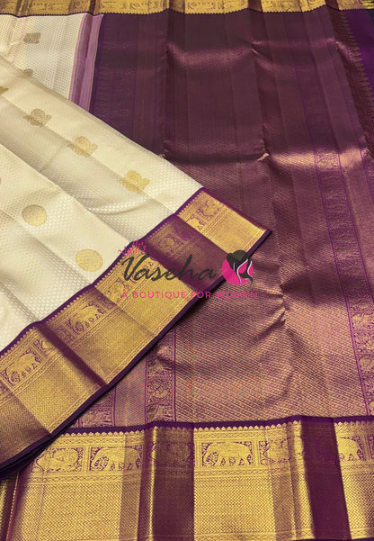 Pure Vintage Korvai Kanchipuram Silk Saree - Cream & Purple Combo - VVPS038