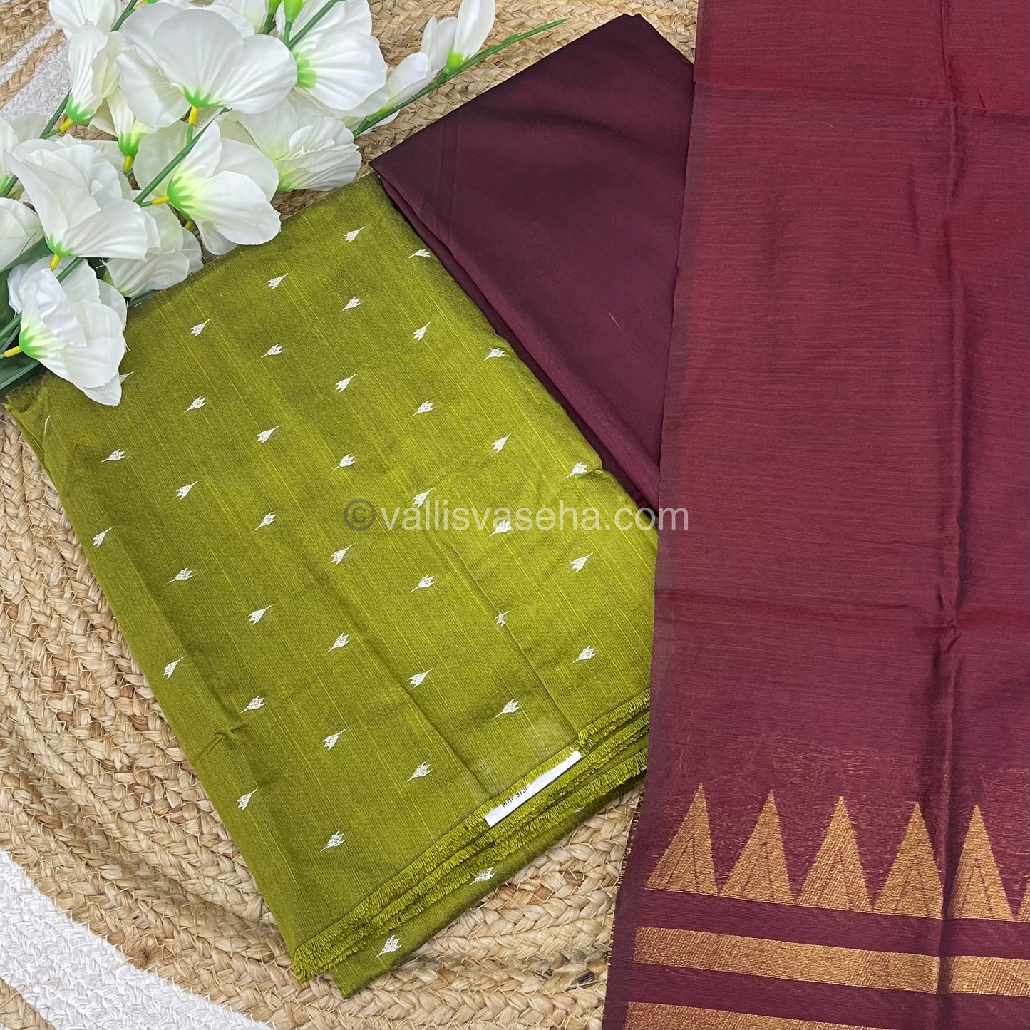 Unstitched Salwar Material -Raw Silk - Mehendi green with Maroon Shade - VVUSM004