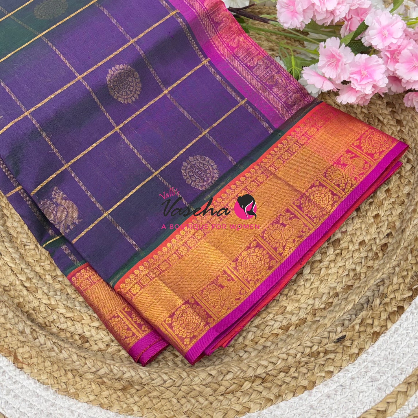 Pure Silk Cotton Saree - Mayil & Chakkaram Design - Purple With Pink Shade - VVMC001