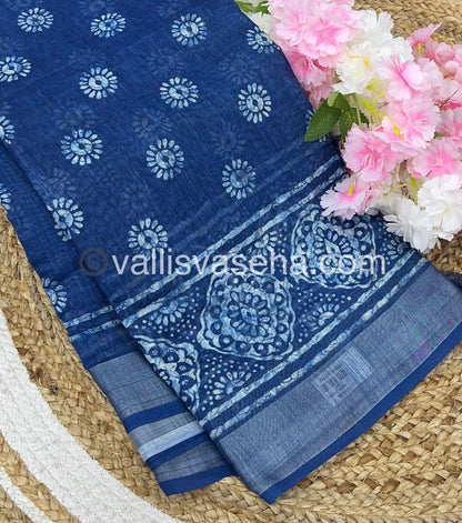 Linen Mixed Cotton Saree - Indigo Blue - Printed - VVLMP001