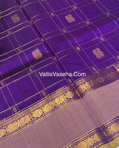 Pure Korvai Silk Cotton - Checks Pattern - Purple With Yellow Shade  - VVKSC036