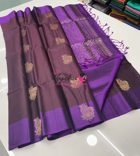 Pure Soft Silk Saree  - Brown & Purple Combo - VVPSS161
