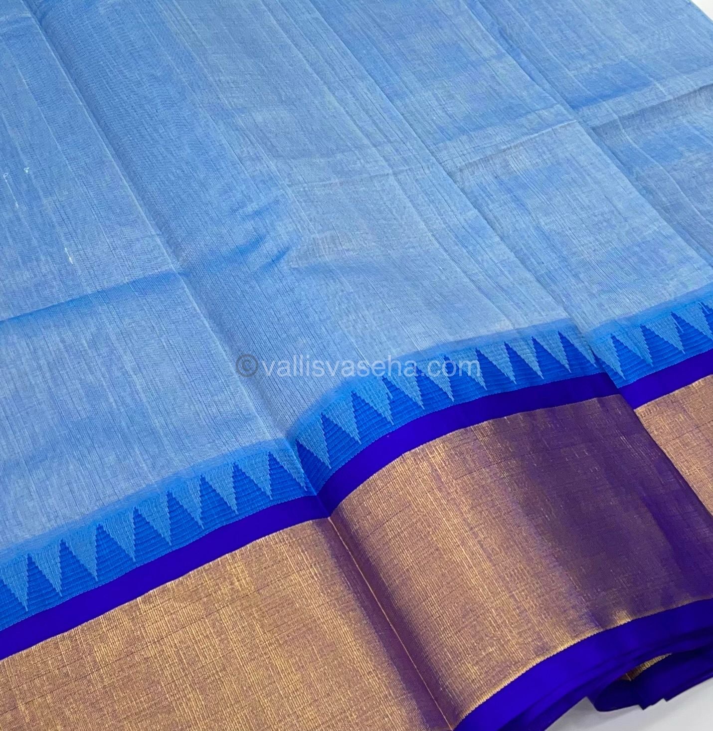 Pure Korvai Silk Cotton Saree - Light Blue with Blue Combo - Temple border - VVKSC001