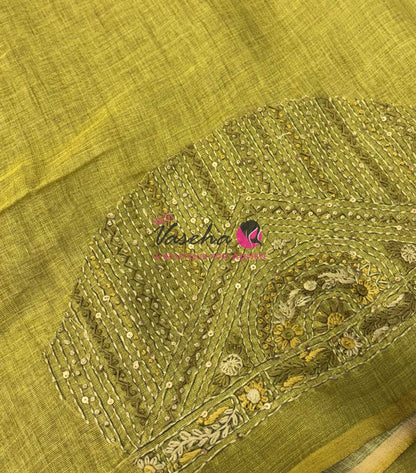 French Knot - Linen Tissue Saree - Green Shade - VVLFN015