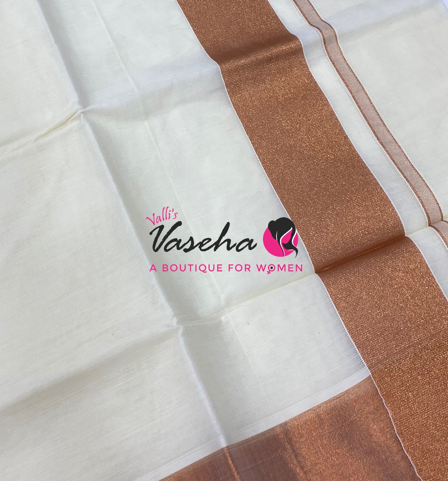 Kerala Cotton Saree - Copper Zari - VVKCS031