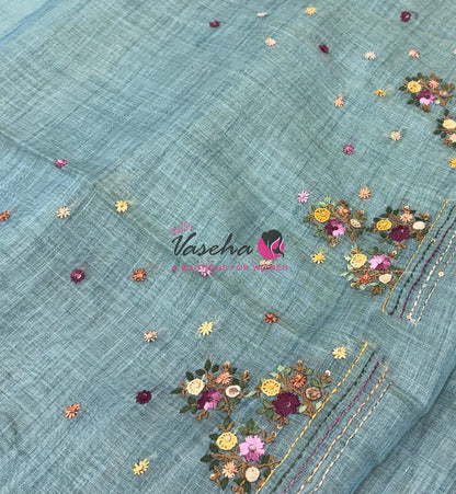 French Knot - Linen Tissue Saree - Blue Shade - VVLFN017