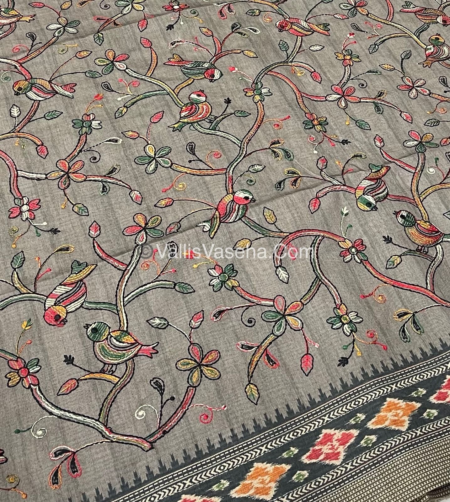Semi Tussar - Kantha Work Embroidery - Grey Shade - VVSTK001