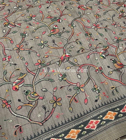 Semi Tussar - Kantha Work Embroidery - Grey Shade - VVSTK001