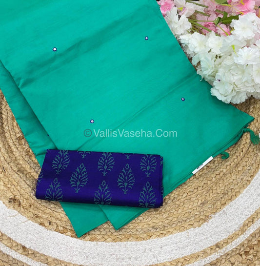 Poly Silk Mixed Cotton - Mirror Work Embroidery - Green with Violetish Blue- VVPCM001