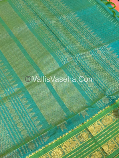 Pure Korvai Silk Cotton - Retta Petta Border - Double tone Pinkish Orange With Green Combo - VVKSC010