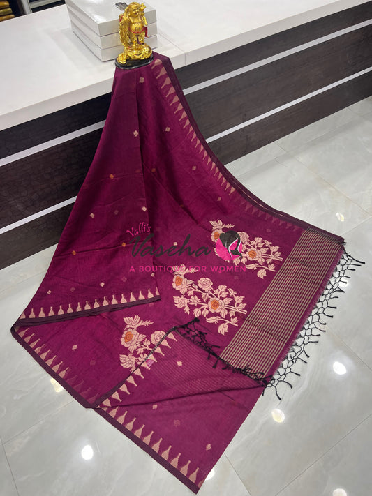 Bengal Kaddhi Cotton Saree | VVBKC001 |Dark Purplish Pink