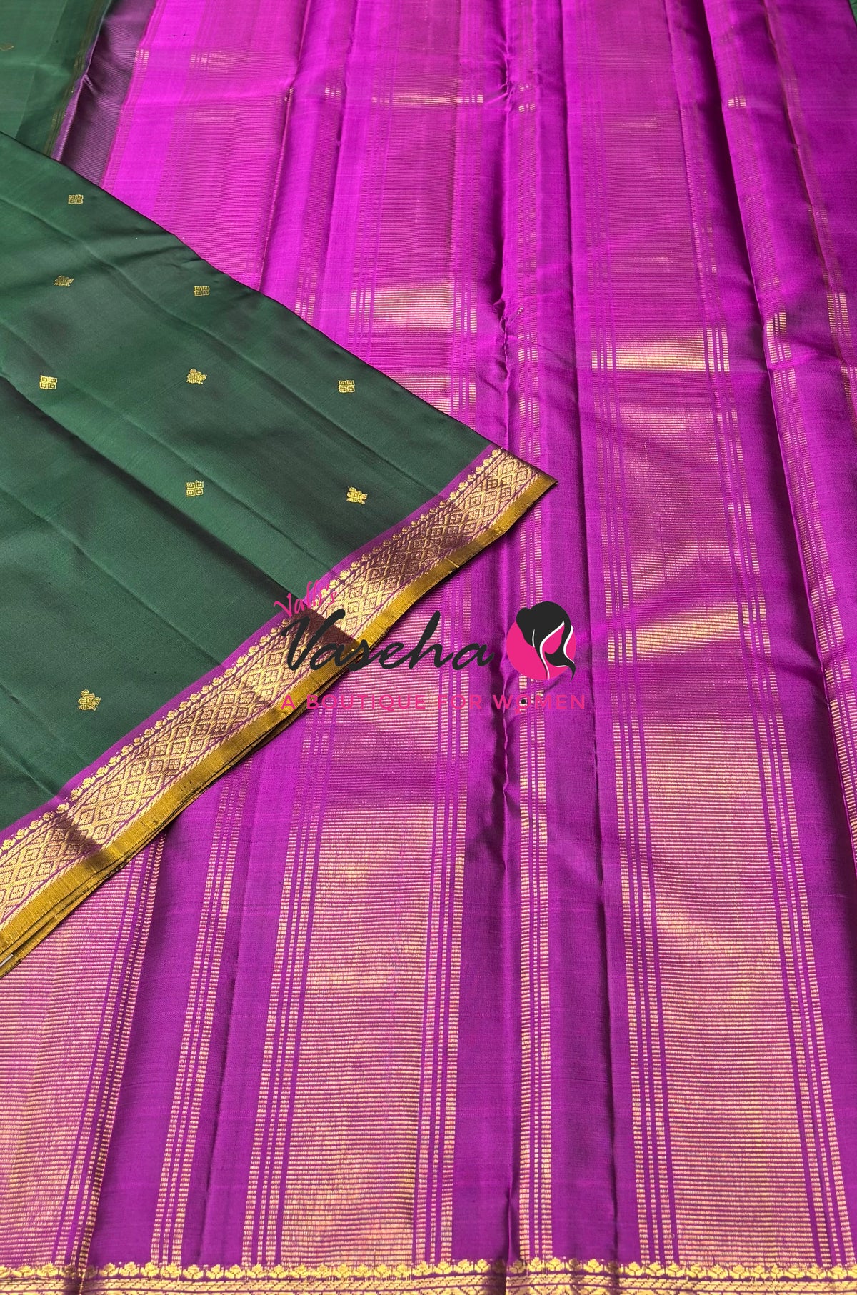 Pure Kanchipuram Silk Saree - Green with Purple - VVPS031