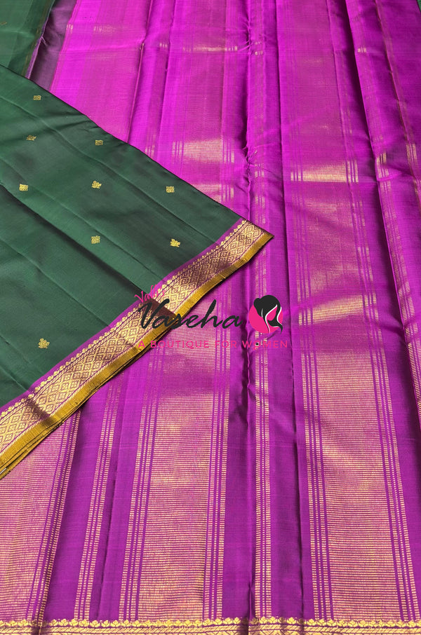 Pure Kanchipuram Silk Saree - Green with Purple - VVPS031