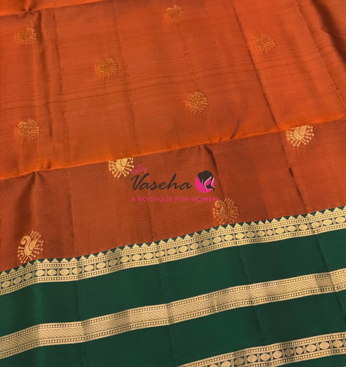 Half Mixed  Soft Silk Saree - Rust Orange & Green - VVPSS077