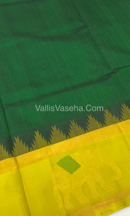 Pure Korvai Silk Cotton Saree - Border Elephant butta Design Green With Yellow - VVKSC018